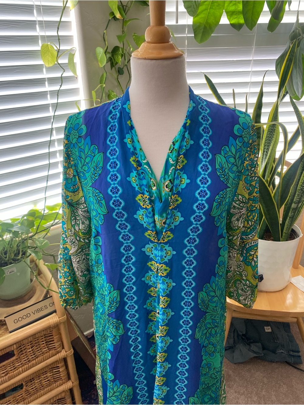 Johnny Was Blue & Green Floral Maxi Dress with Button-Front - Picture 3 of 7